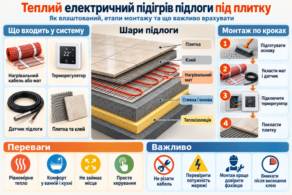 Інфографіка про електричну теплу підлогу під плитку з будовою нагрівальної системи, основними матеріалами, етапами монтажу та перевагами.