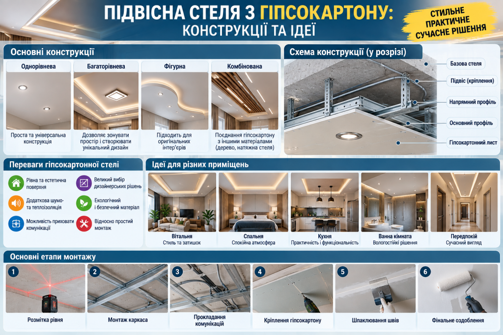 Інфографіка про види підвісних стель із гіпсокартону, будову каркаса, переваги та основні етапи монтажу