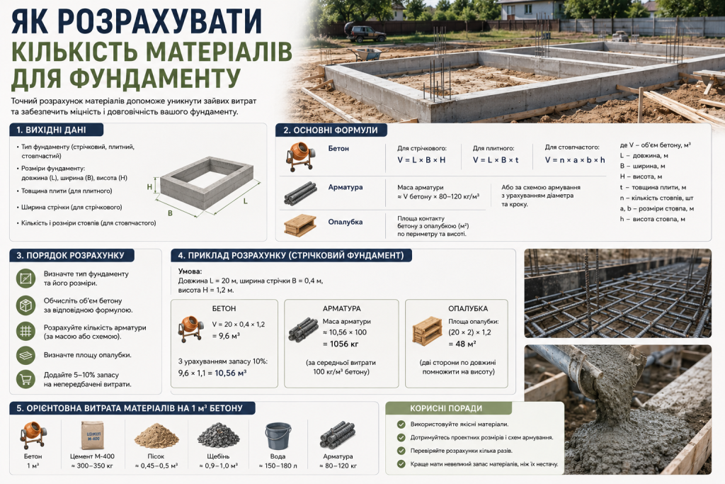 Інфографіка з формулами та прикладом розрахунку бетону, арматури й опалубки для фундаменту