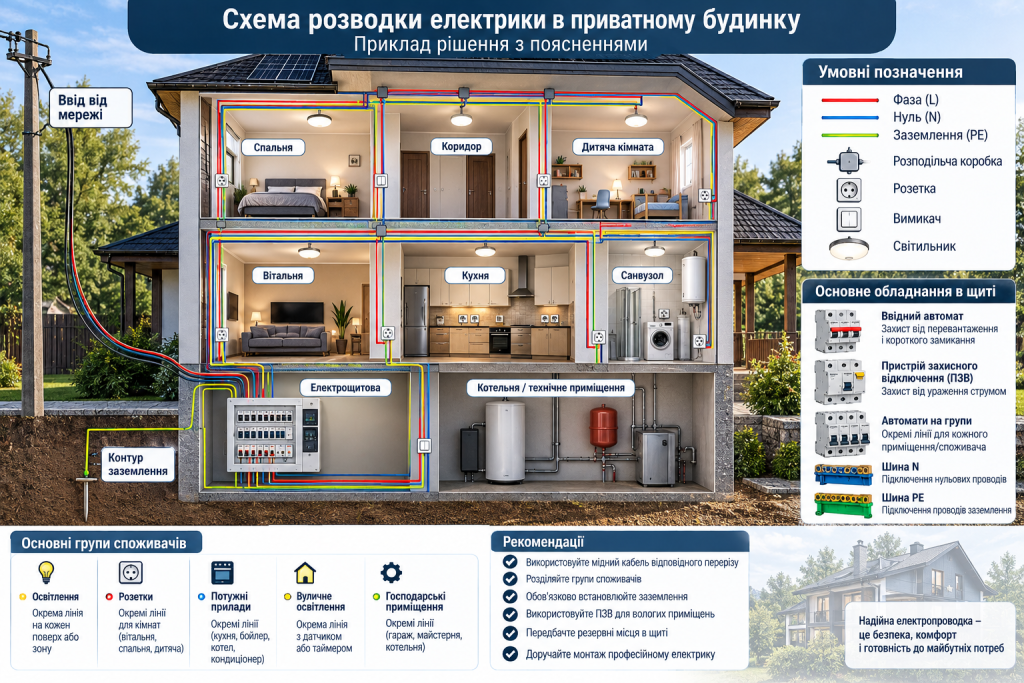 Детальна схема електропроводки приватного будинку з електрощитом, розетками, освітленням, заземленням і групами споживачів