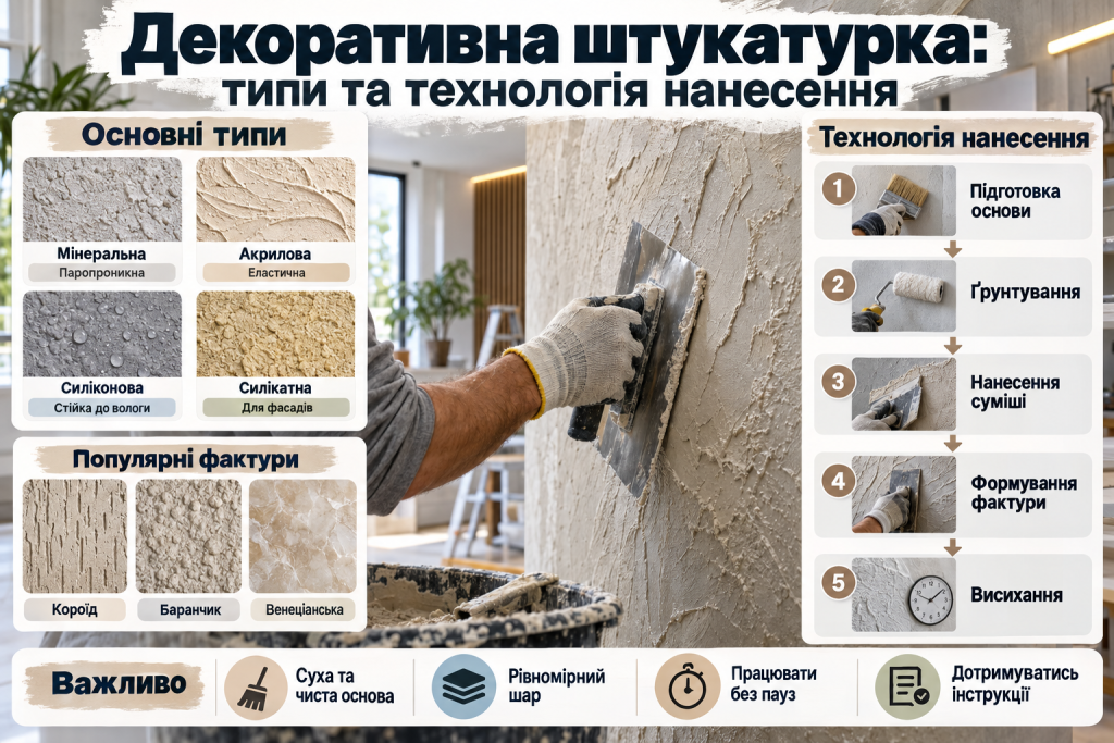 Інфографіка про види декоративної штукатурки, популярні фактури стін, основні етапи нанесення суміші та рекомендації щодо виконання робіт.