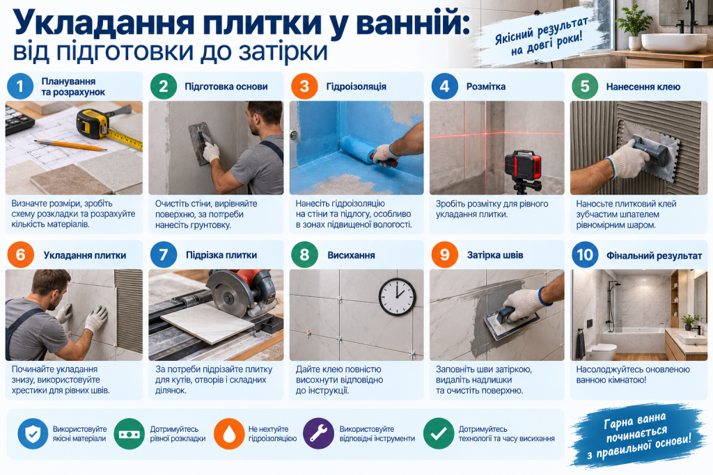 Інфографіка з покроковими етапами укладання плитки у ванній кімнаті від підготовки до затірки швів.