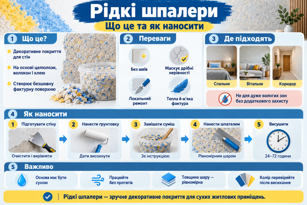 Покрокова інфографіка про рідкі шпалери з описом складу, переваг, необхідних матеріалів і послідовності нанесення декоративного покриття на стіни.