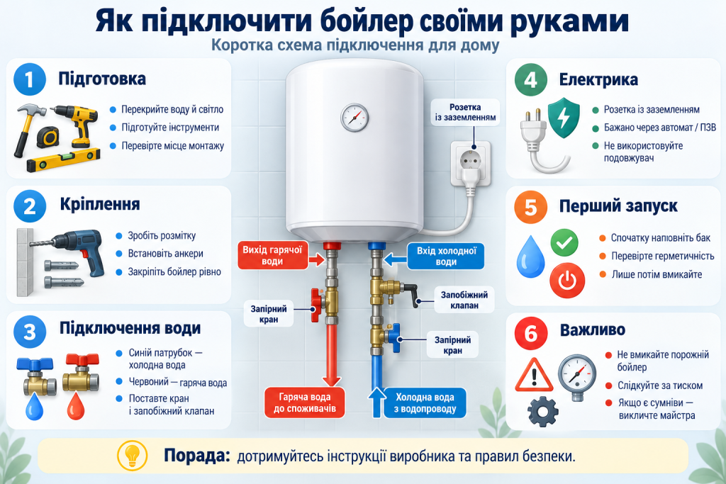 Інфографіка зі схемою підключення бойлера до водопроводу та електромережі, запірними кранами і запобіжним клапаном.
