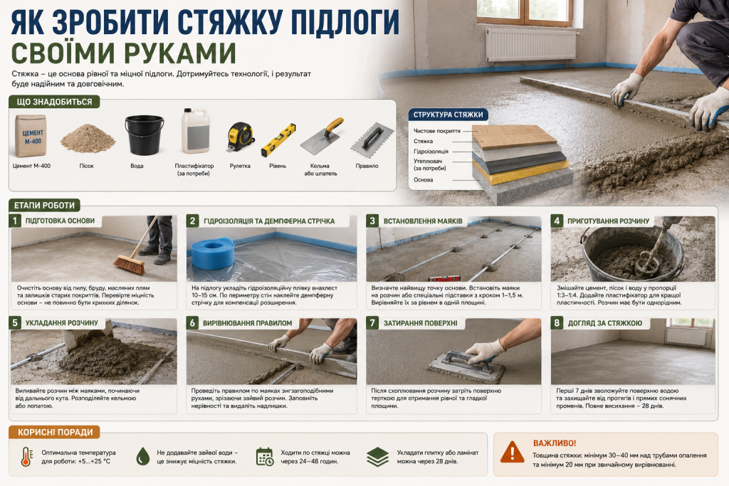 Покрокова інфографіка про стяжку підлоги своїми руками, матеріали, інструменти та етапи роботи