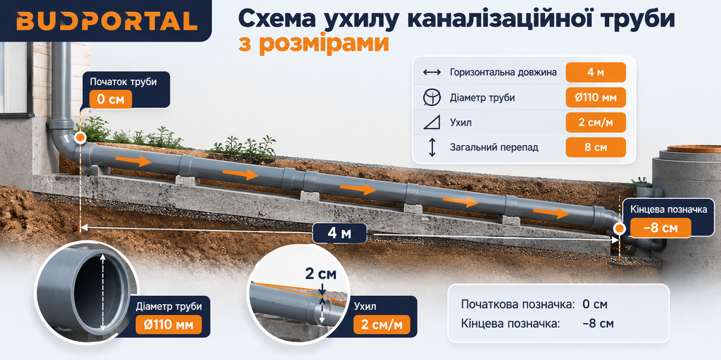 Схема ухилу каналізаційної труби